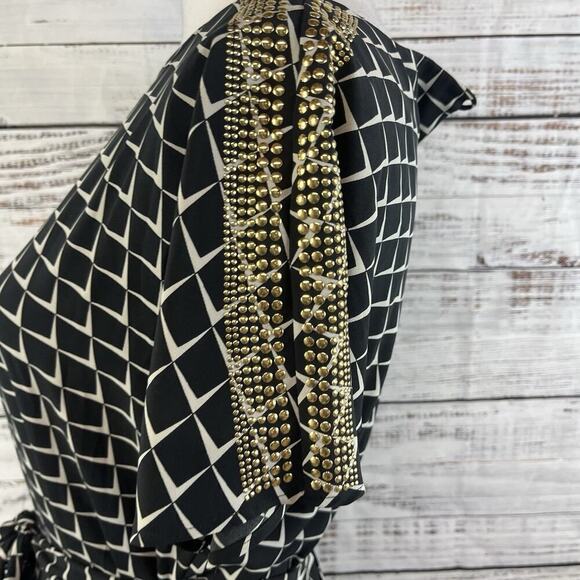 AX Armani Exchange Dress size 0 Black Ivory Gold Studs Stretch Dinner Cocktails - Picture 7 of 10
